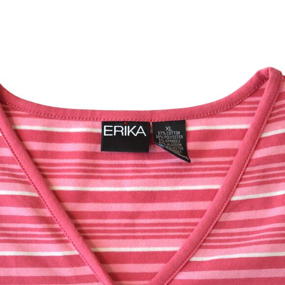 Y2K Pink Striped V-Neck Tee, Size XL - Retro Indie Fashion - Picture 2 of 4